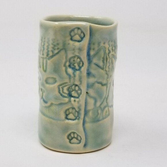 Hand Made Stoneware Pottery Cup With Cats Hearts & Paw Prints Signed by KH - Picture 2 of 10